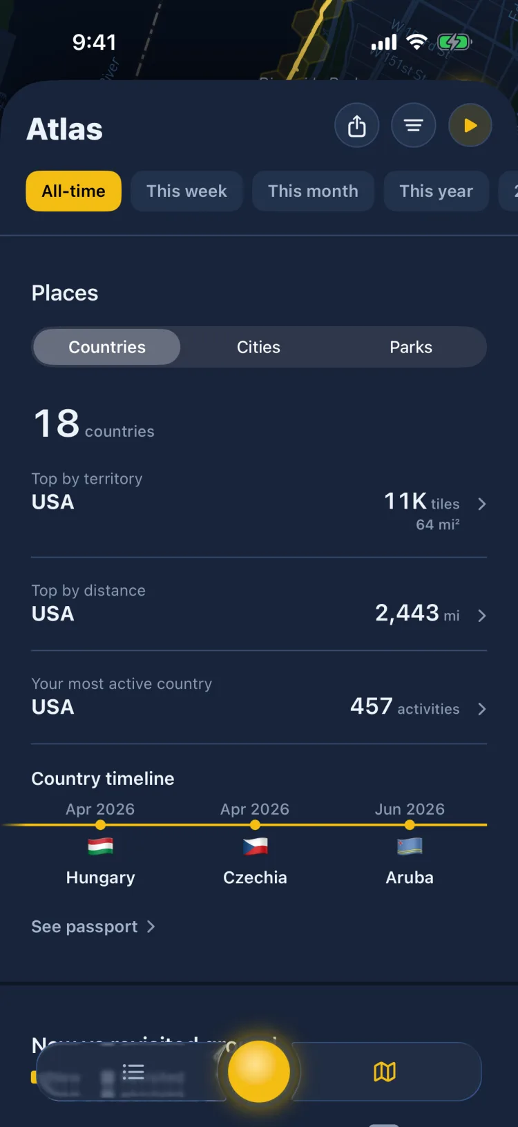 Places in Soltra’s Atlas: your top country by territory, distance, and activities, then a timeline of the latest countries you reached