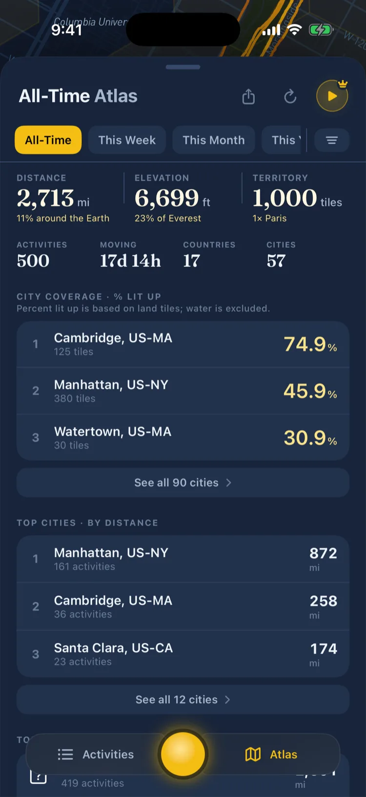 Soltra’s Atlas: total distance, elevation, territory tiles, and a ranked list of cities by percent lit up
