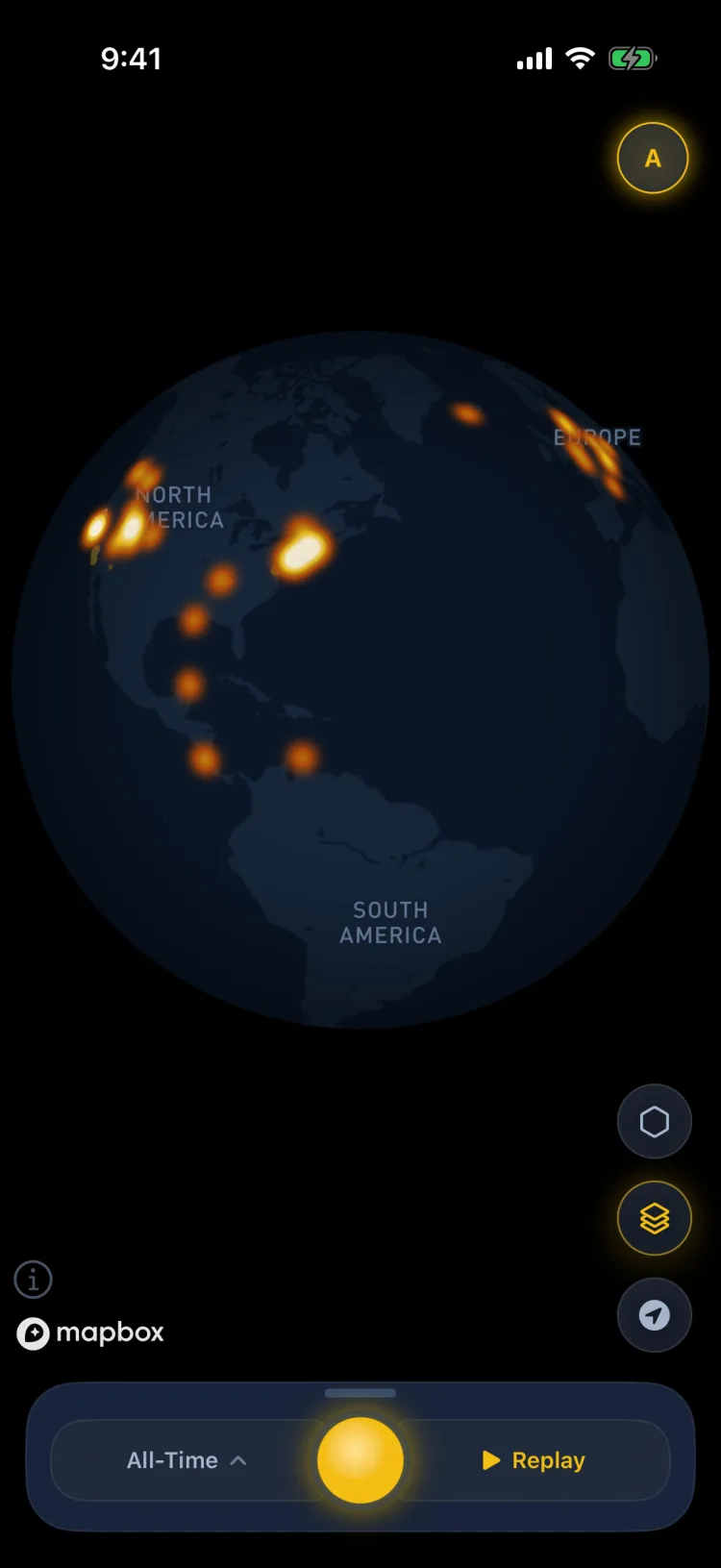 Soltra zoomed all the way out to the globe, activity heat glowing in clusters across North America and Europe