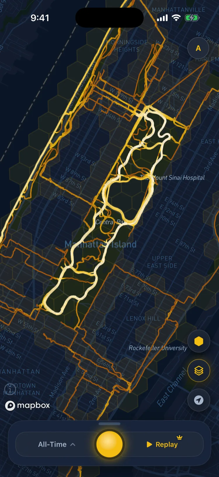 Soltra’s dark map of Central Park, the park’s loops and paths glowing gold from years of runs