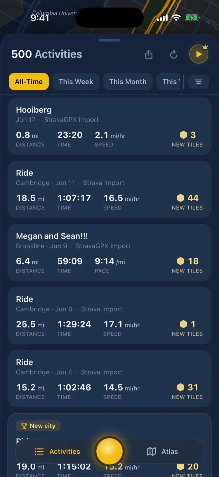 Soltra’s activity list filled with imported runs, each with distance, time, pace, and new tiles