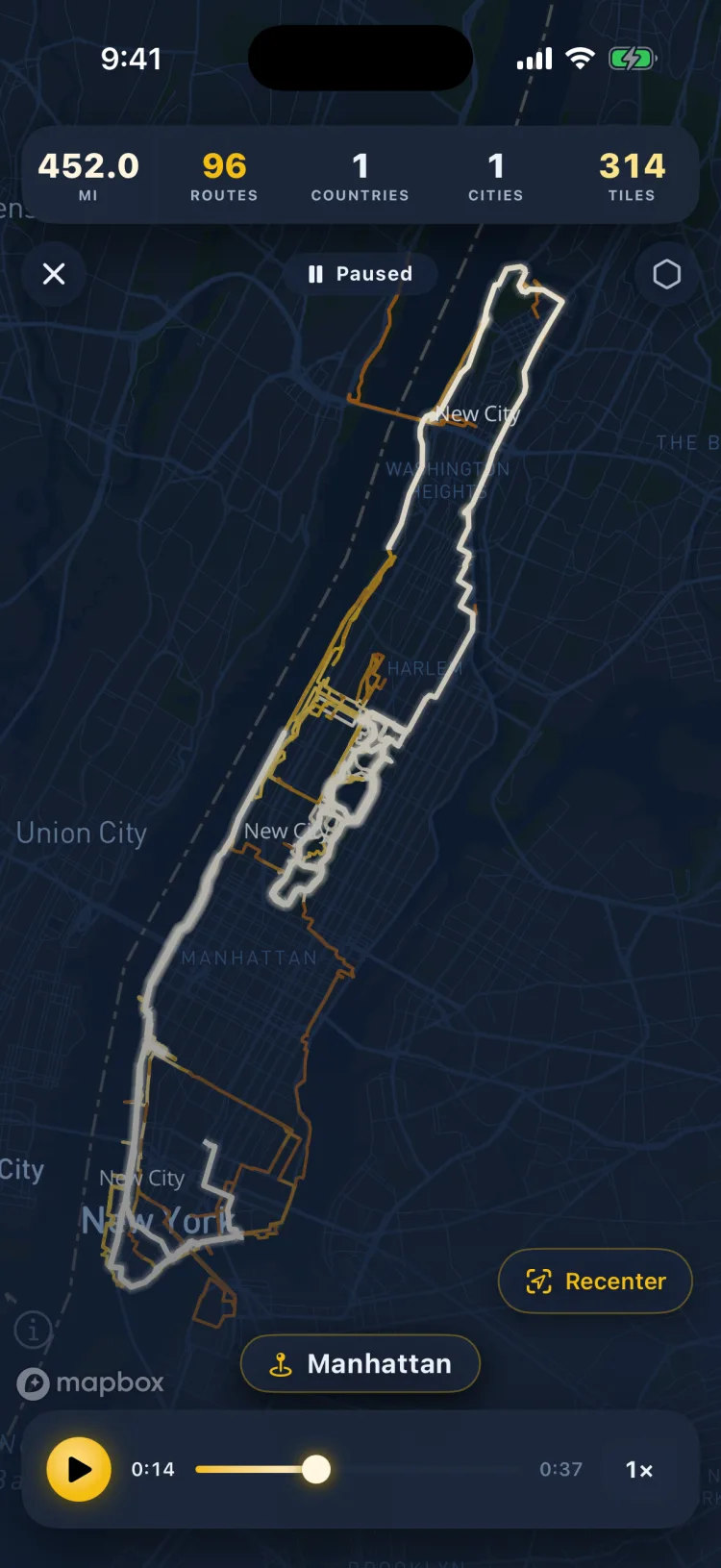 Live Replay flying across Manhattan in Soltra, routes filling the whole island with a running tally of miles, routes, and tiles