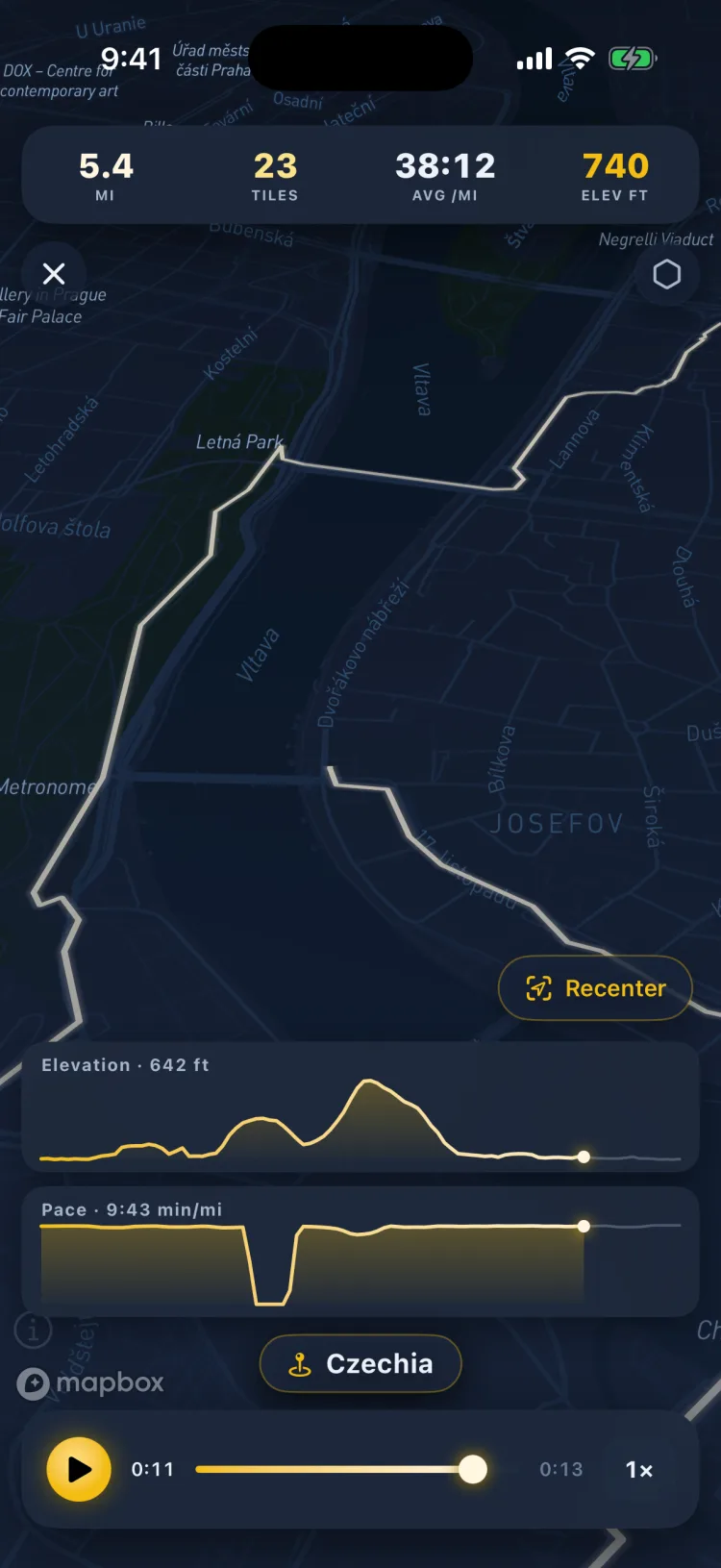 Live Replay of one run in Soltra, the route drawing across Prague with live elevation and pace graphs