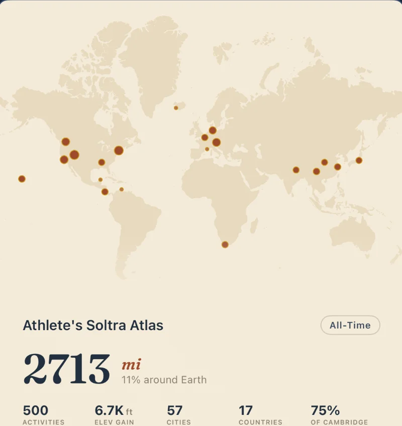 Soltra share card design on warm paper: world map with activity start points and hero stats