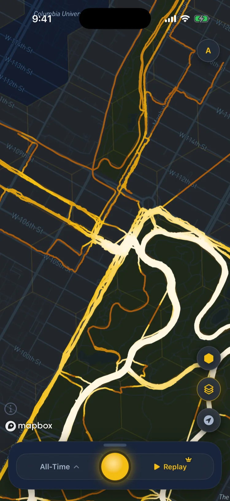 Close-up of Central Park on the Soltra map, the loop glowing white-hot from repeated runs