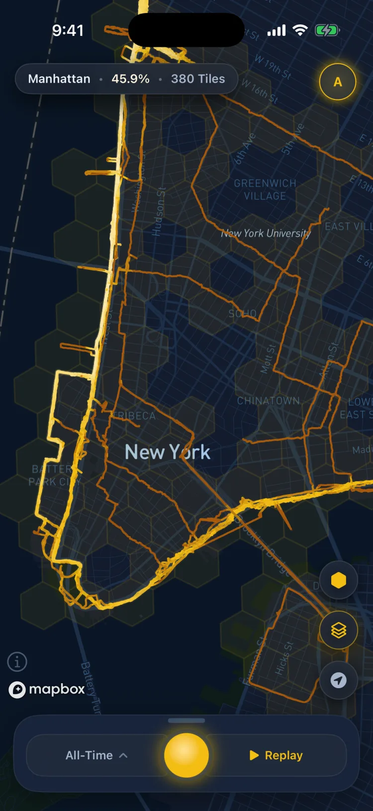 Soltra map of Lower Manhattan, whole neighborhoods filled with territory tiles from repeated routes