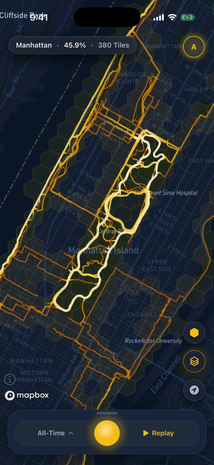 Soltra map of Central Park with hexagonal territory tiles lit up gold along every route
