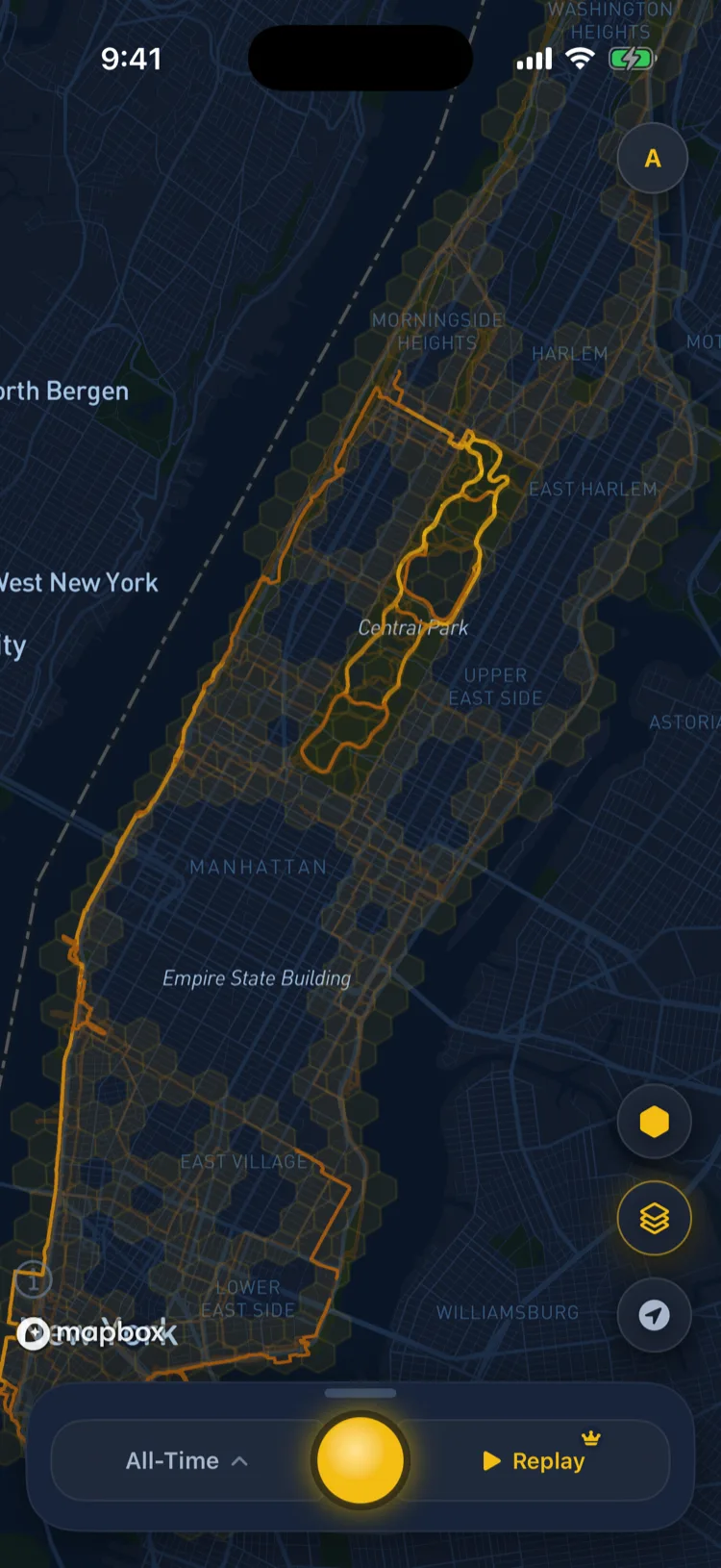 Soltra map of Manhattan with hexagonal territory tiles lit up along every route