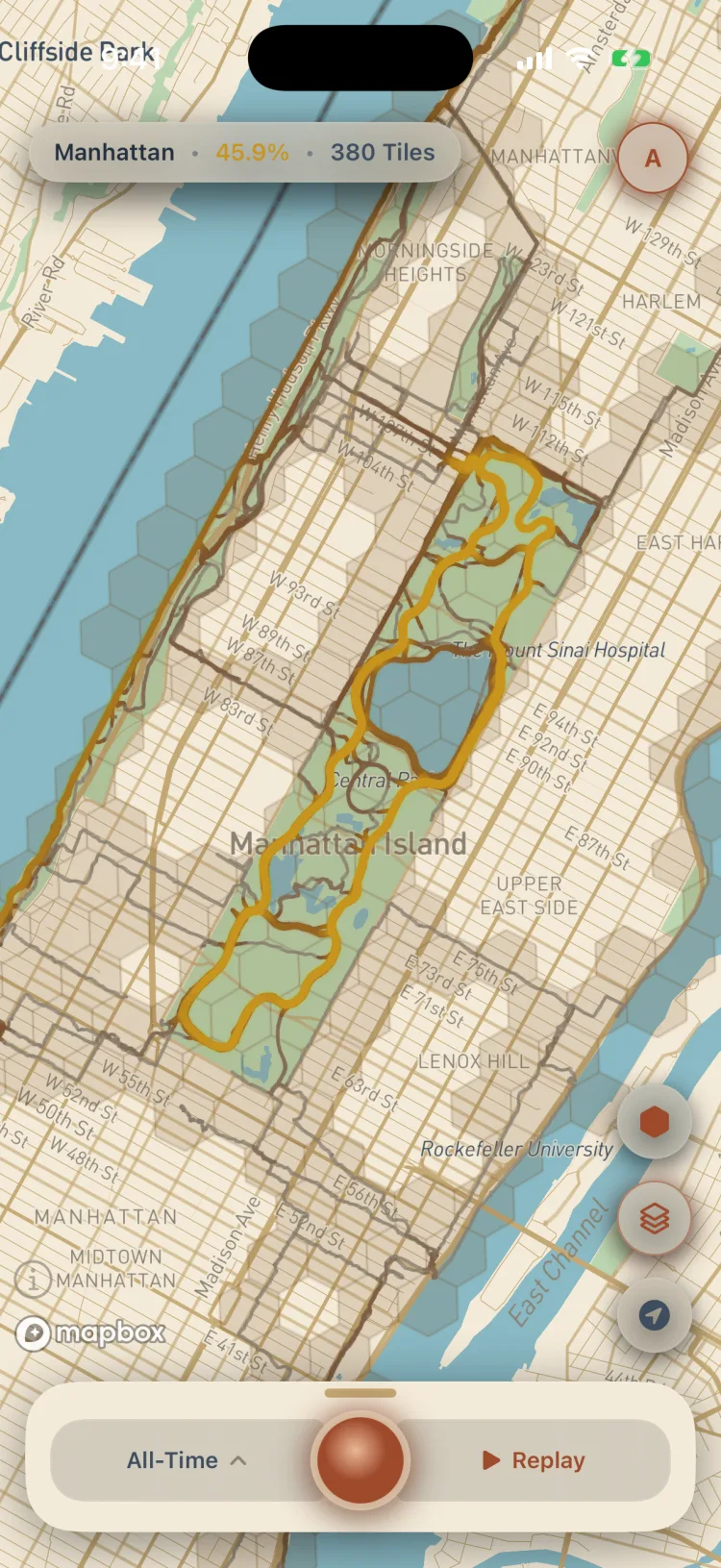 Soltra's map of Central Park in the Atlas theme, gold routes on a light terrain map