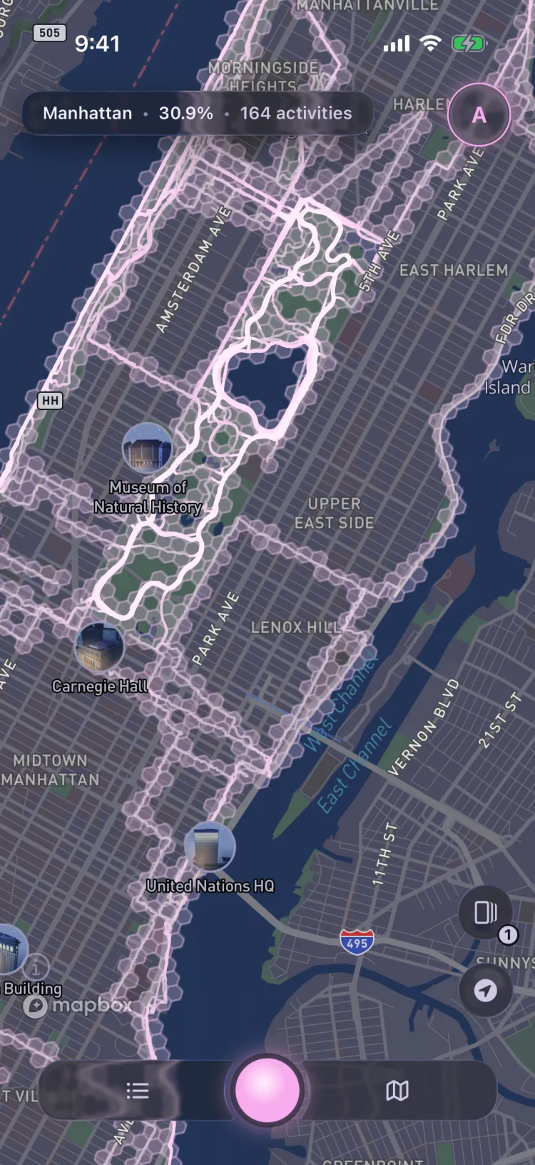 Soltra’s map of Central Park in the City theme, pale pink routes over a night city