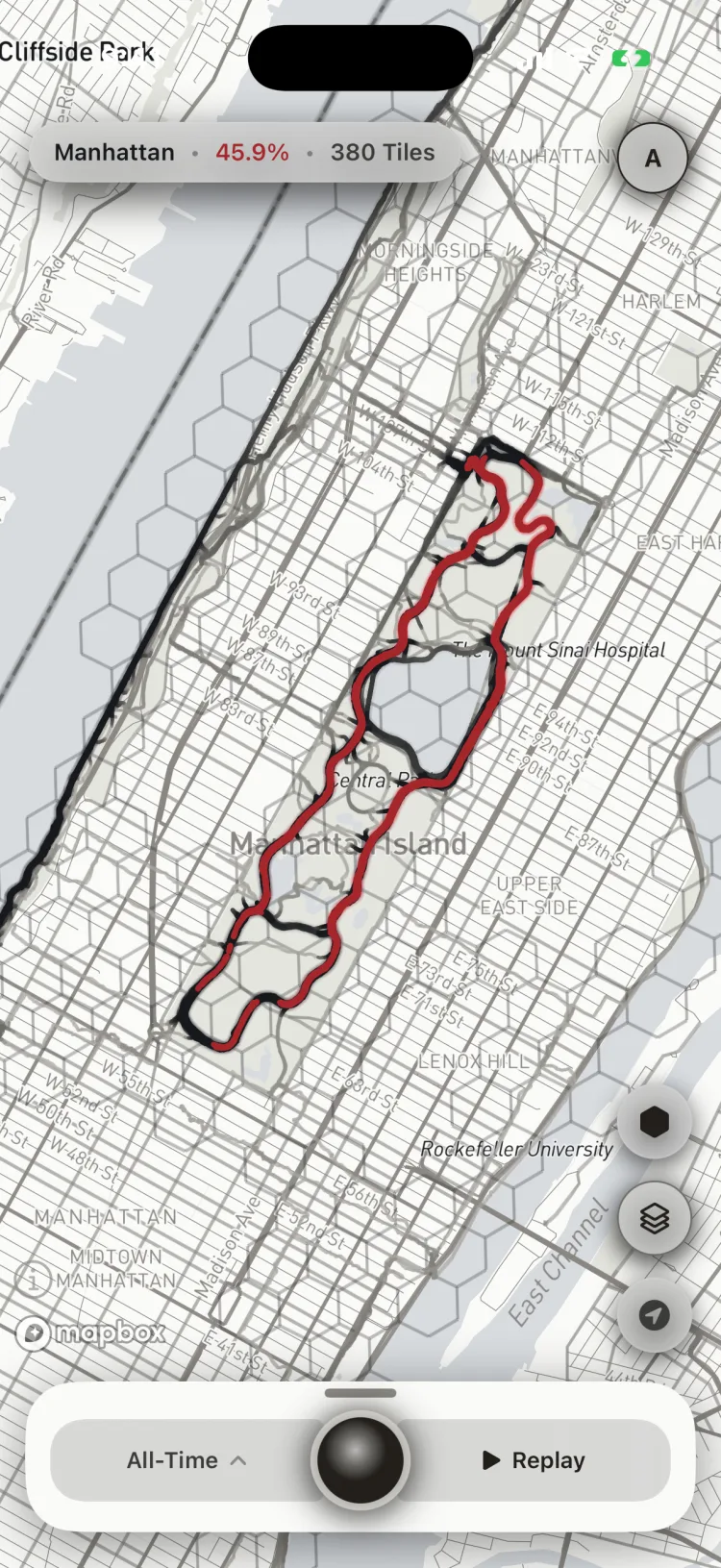 Soltra's map of Central Park in the Report theme, a red route on a pale paper map