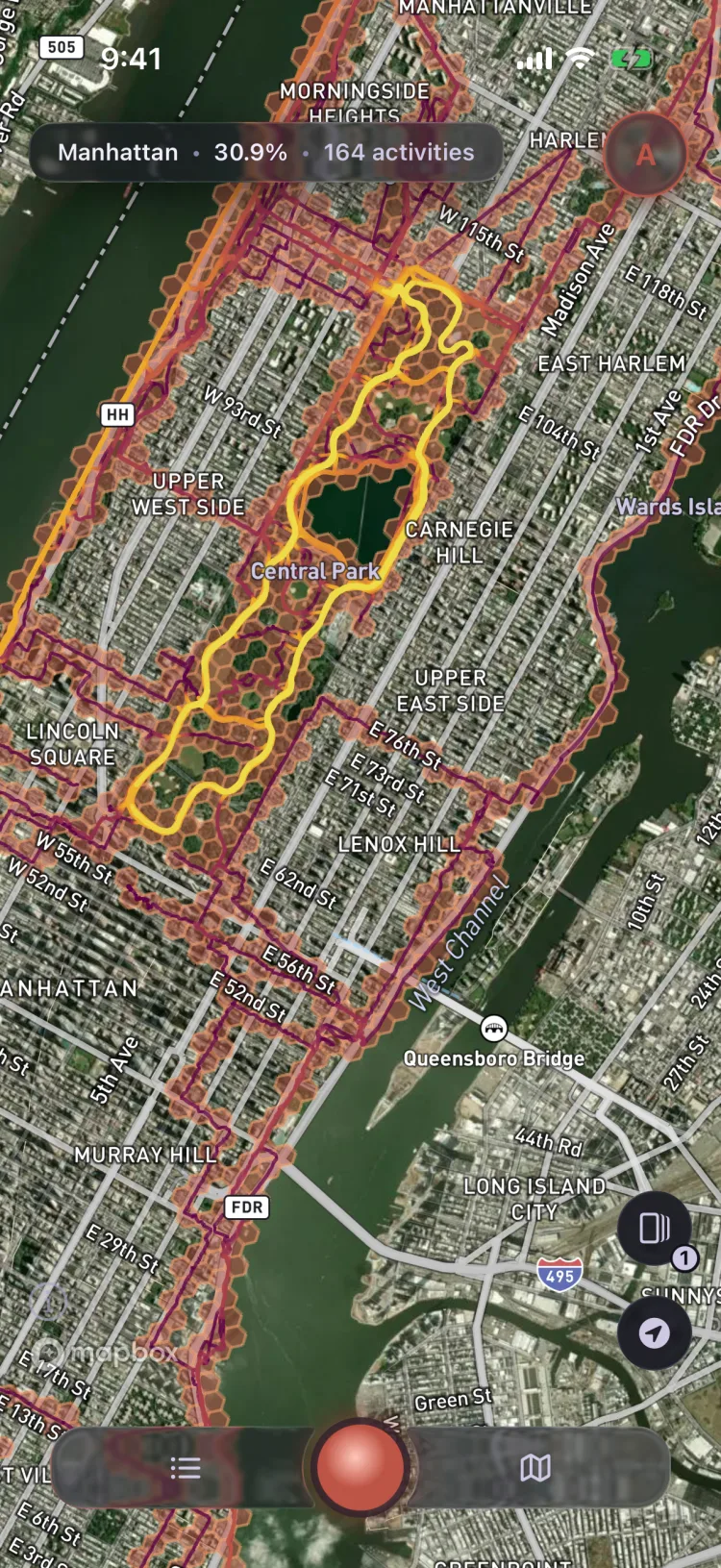 Soltra’s map of Central Park in the Satellite theme, warm routes over aerial imagery