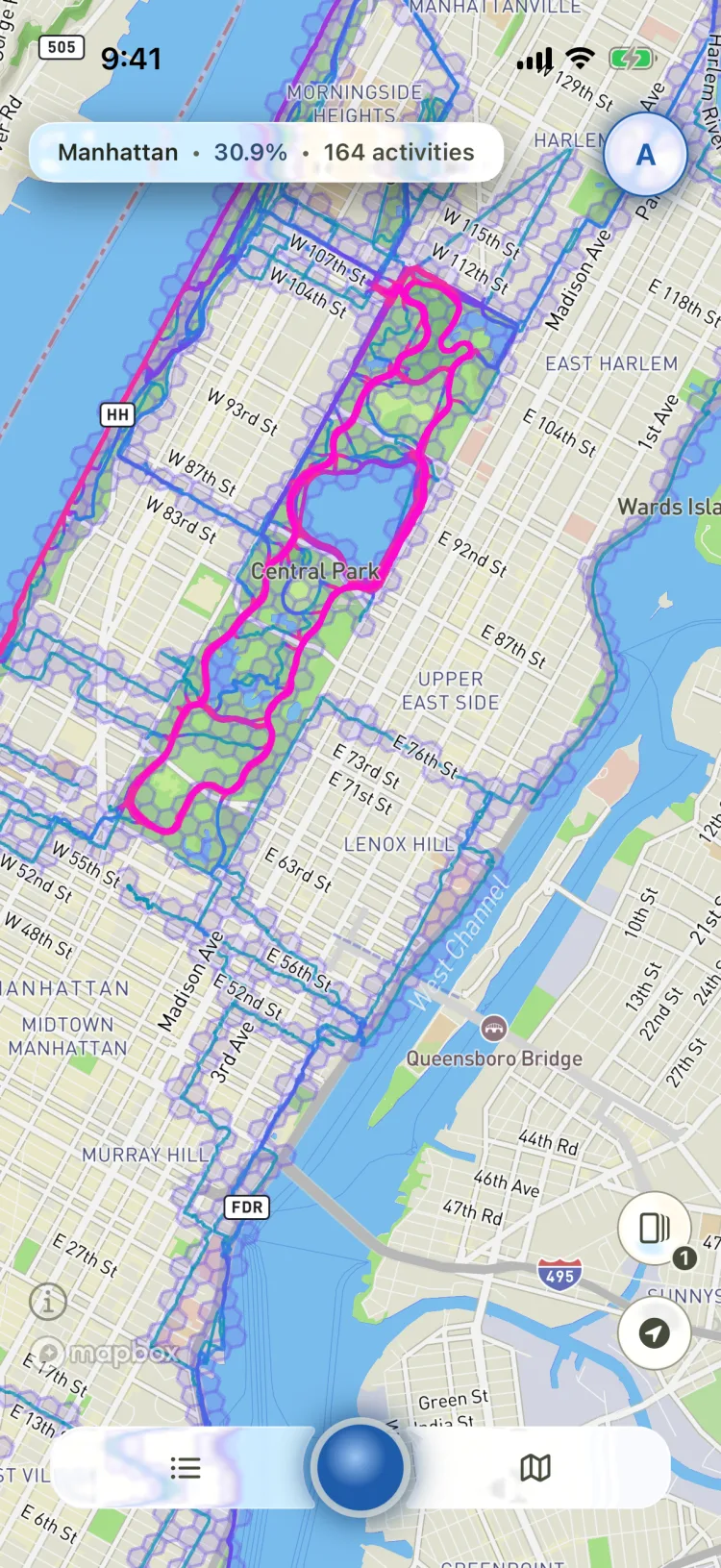Soltra’s map of Central Park in the Terrain theme, routes over shaded relief