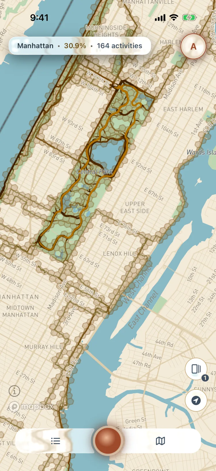 Soltra’s map of Central Park in the Vintage theme, gold routes on an aged paper map